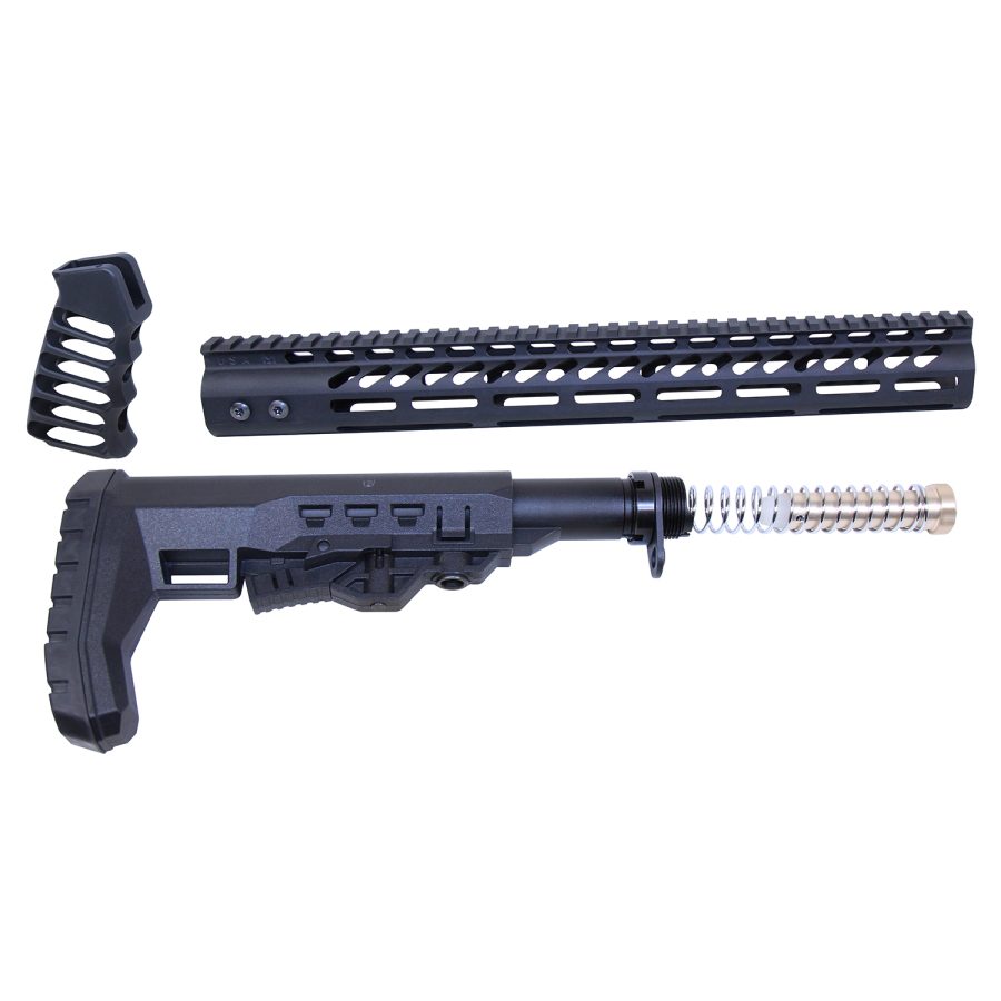 AR accessories: tactical stock, handguard with Picatinny slots, and vertical foregrip in matte black.