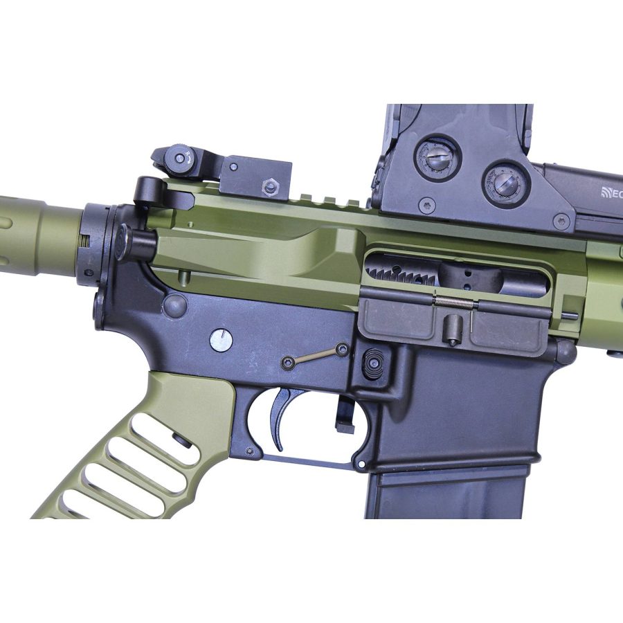 Close-up of tactical olive green assault rifle with precision engineering details.