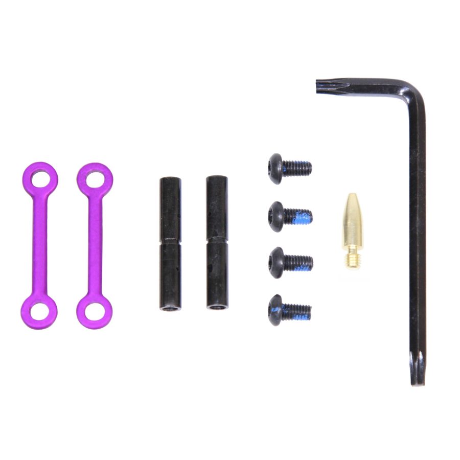 Hardware kit with purple connectors, black spacers, blue screws, gold nozzle, and black Allen wrench.