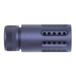 Compact muzzle brake with knurled base, dual rows of ports for recoil and muzzle control.