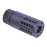 Dark gray muzzle brake with circular ports for recoil and muzzle climb reduction on firearms.
