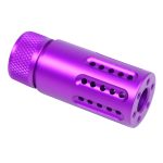 Purple anodized muzzle brake with knurled grip, precision vents for recoil reduction, personalized finish.