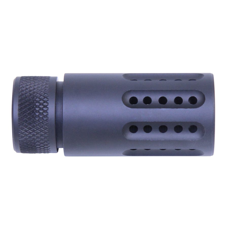 Compact muzzle brake with knurled base, dual rows of ports for recoil and muzzle control.