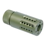 Olive Drab Muzzle Brake with Ported Design for Recoil Reduction on Tactical Firearms.