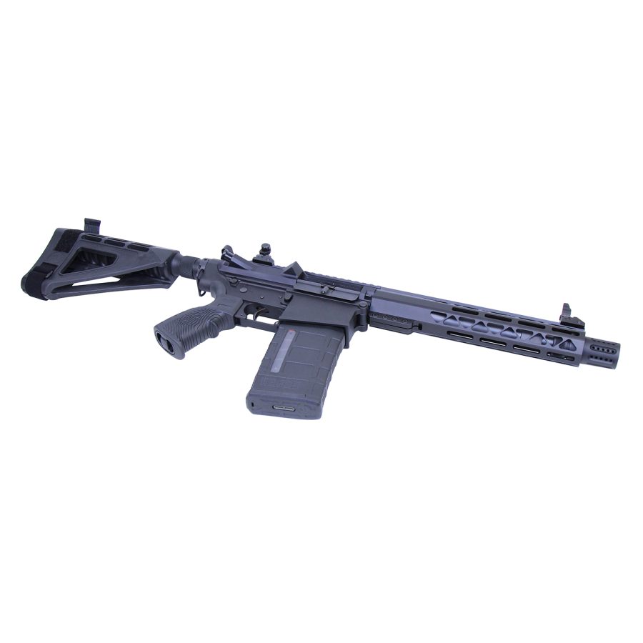 Modern tactical AR-style carbine rifle with adjustable stock, free-floating rail, and ergonomic design.