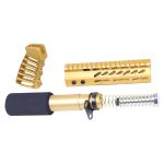 Gold AR-15 barrel, handguard, and grip set for custom firearms, displayed on white background.