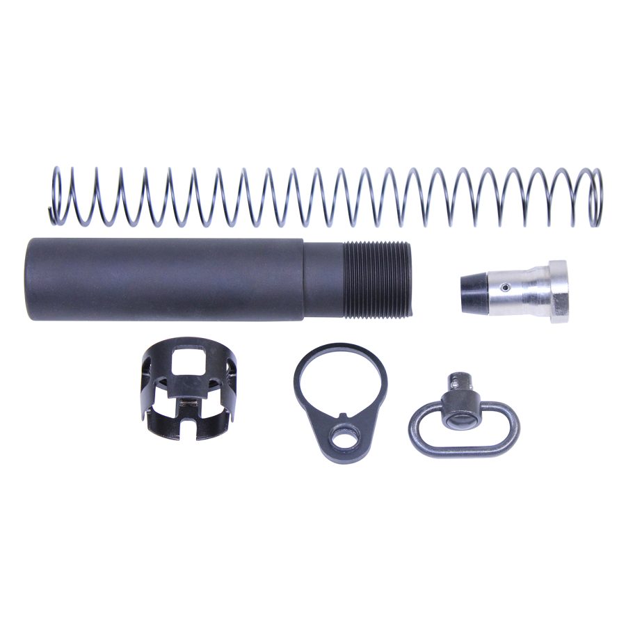 AR-15 buffer components on white: tube, spring, castle nut, endplate, sling swivel, retainer.