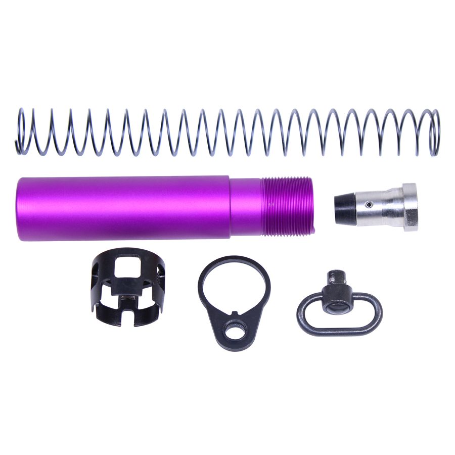 Purple anodized AR-15 buffer assembly components: spring, buffer tube, castle nut, end plate, pin.