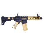 Modern two-tone AR rifle with black receiver and gold accents for tactical versatility.