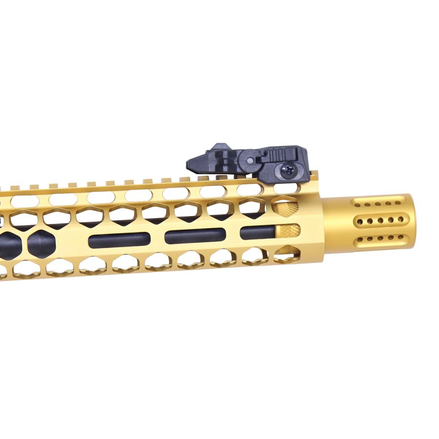 Gold-Bronze Tactical Handguard with KeyMod, Flip-Up Sight, and Muzzle Device for Modern Rifles.