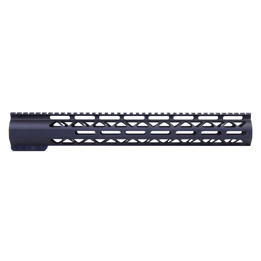 Sleek matte AR-15 handguard with skeletal design for heat dissipation and accessory mounting.