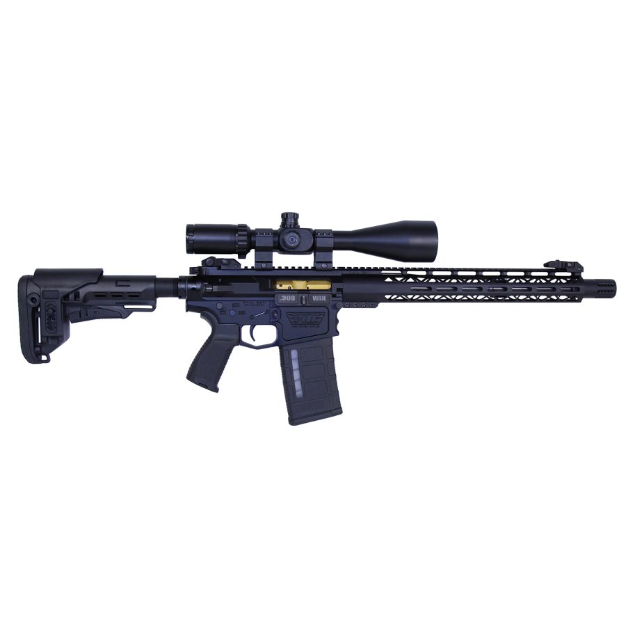 Modern matte black AR-style .308 rifle with scope, ergonomic features, and tactical accessories.