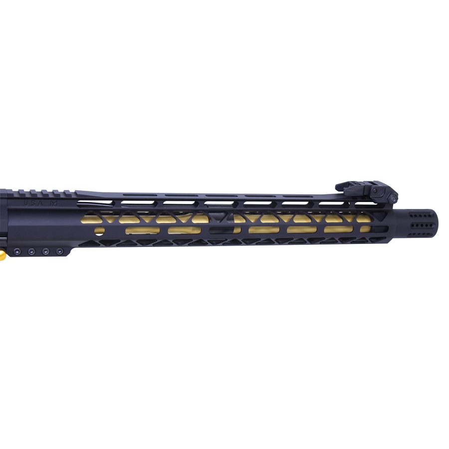 AR-style rifle upper with gold-accented handguard, black barrel, customizable for accessories.