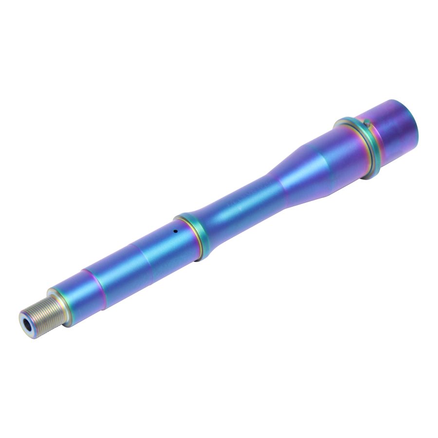 Iridescent metallic component with chameleon finish, threaded end, and colorful decorative grooves.