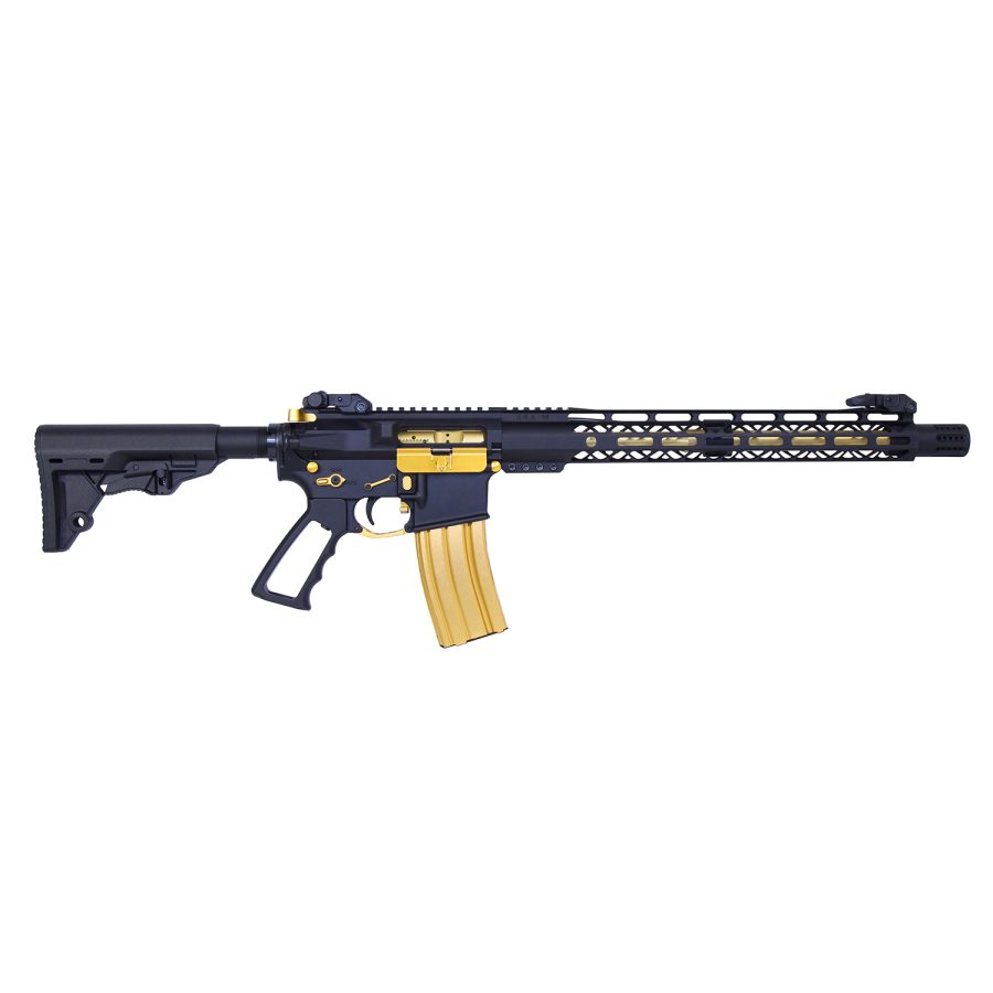 Black and Gold AR-Style Sporting Rifle with Adjustable Stock and Accessory Rail System.