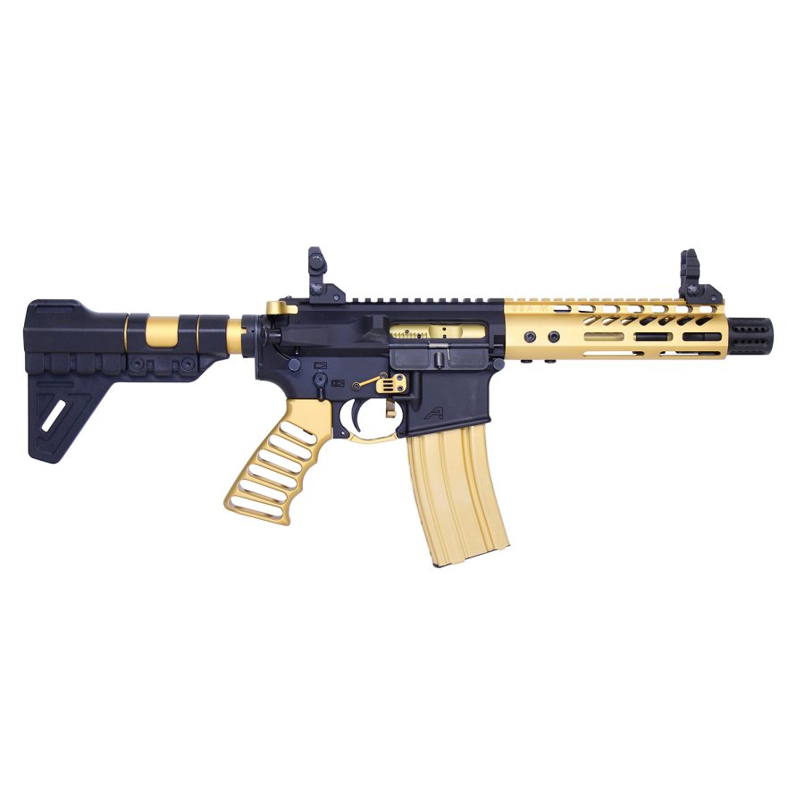 Compact black and gold AR-style rifle with tactical features and adjustable stock.