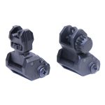 Black tactical flip-up backup iron sights for rifles, featuring durable rear and front sight adjustments.