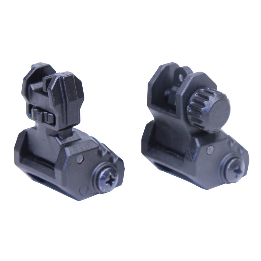 Black tactical flip-up backup iron sights for rifles, featuring durable rear and front sight adjustments.