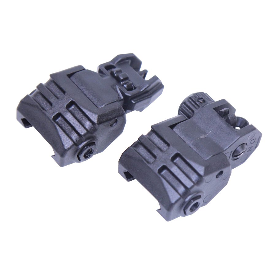 Tactical flip-up backup iron sights for firearms, durable, compact, Picatinny mount, polymer/metal construction.
