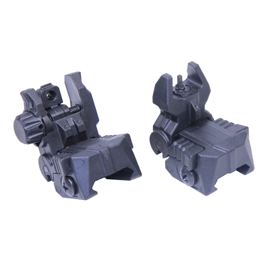 Black tactical flip-up sights for rifles, low-profile design, backup iron sights, Picatinny-compatible.