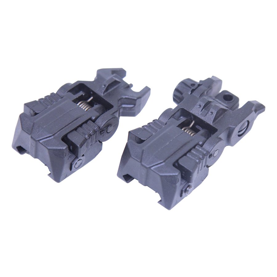 Gray polymer flip-up BUIS, foldable design, matte finish, windage adjustment, Picatinny-rail compatible.