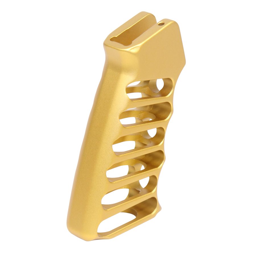 Gold ergonomic pistol grip with six cutouts for AR-style firearms, enhancing aesthetics and functionality.