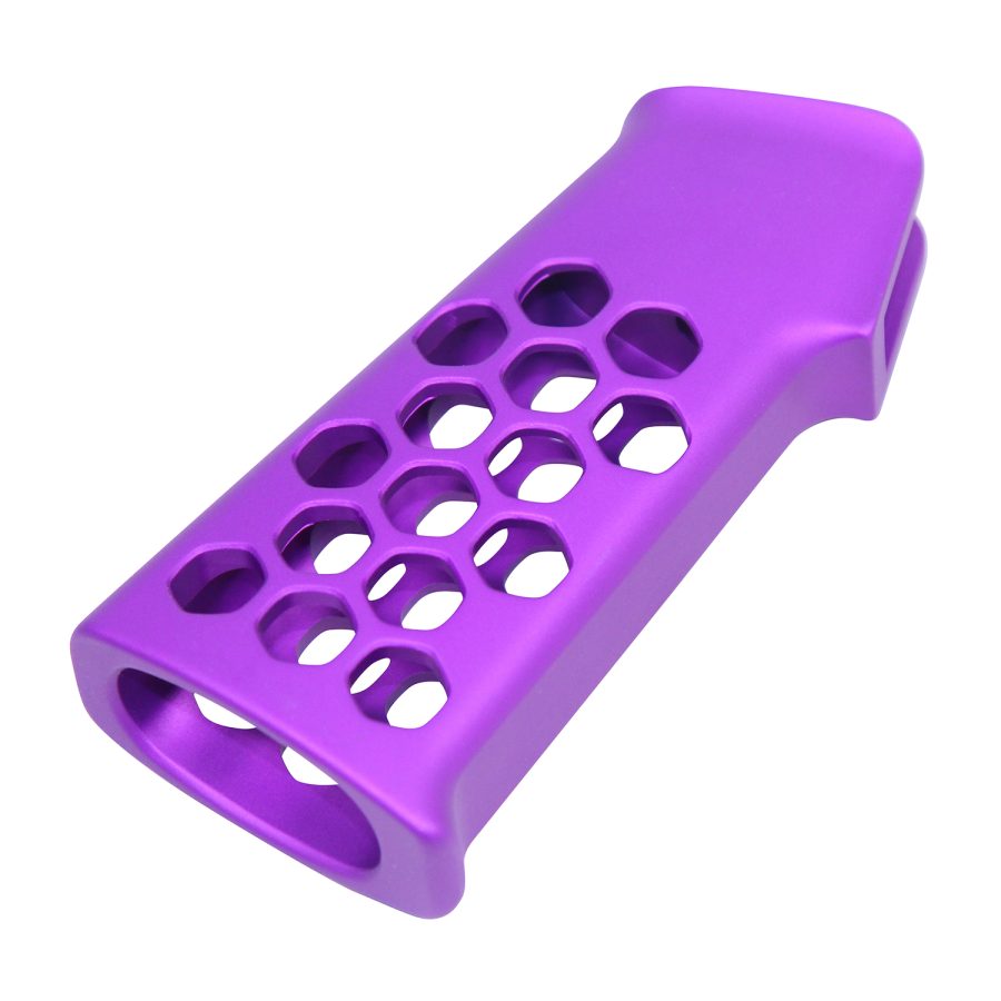 Purple firearm handguard with honeycomb design for lightweight, personalized customization.