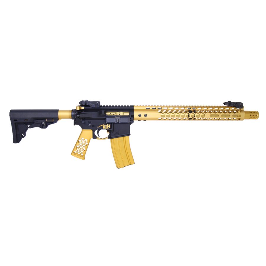 Black and gold AR-style rifle with tactical design and perforated handguard against white background.