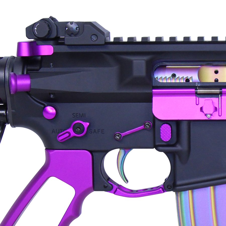 Custom black and purple AR-platform rifle with anodized components and mounted optic.