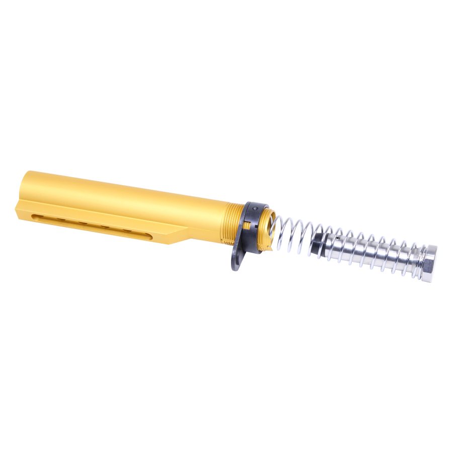 Gold anodized AR buffer tube assembly with end plate and steel spring on white background.