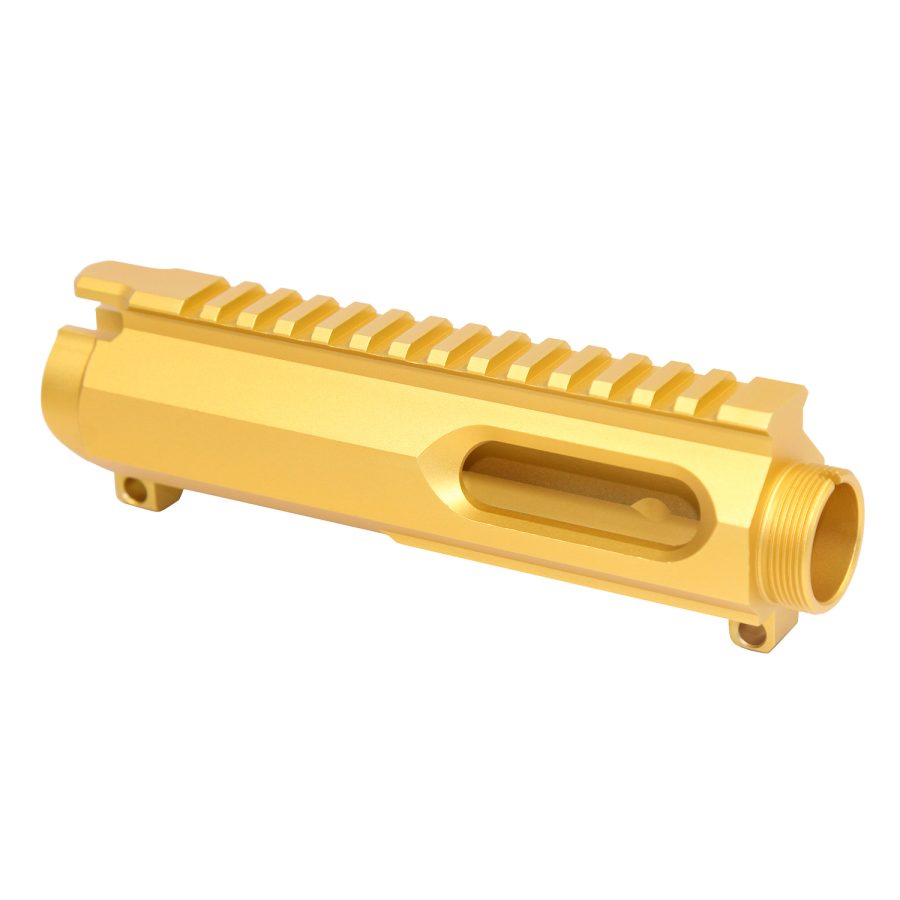 Gold anodized AR-15 upper receiver with Picatinny rail for custom firearm enhancements.