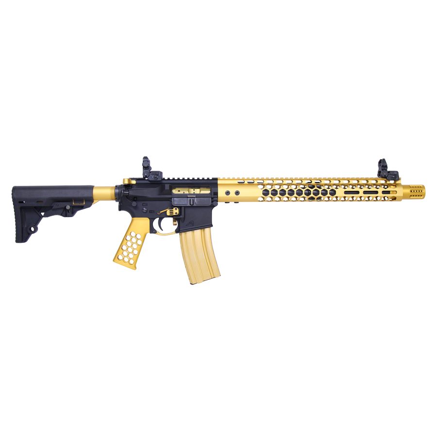 Black and gold AR-platform rifle with modern design and customizable features.