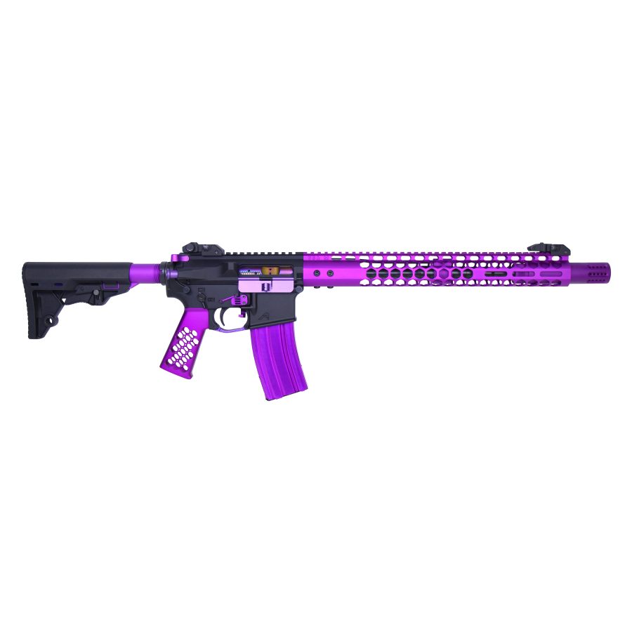 Custom purple and black AR-style rifle with honeycomb barrel guard and adjustable stock.