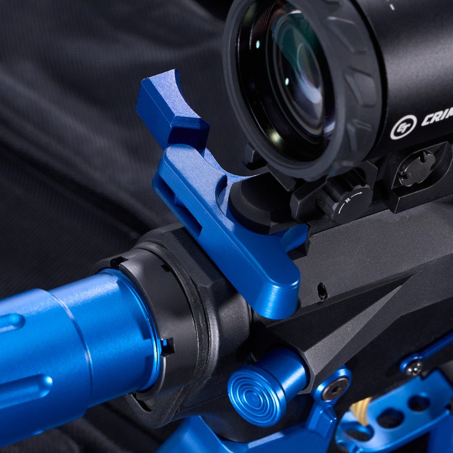 Close-up of premium camera rig with black and blue components, featuring a professional lens.