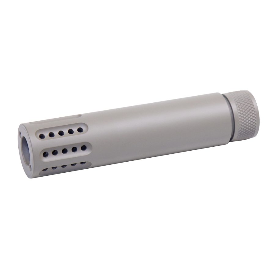 Matte gray cylindrical firearm suppressor with ports, reducing noise and flash, precision machined.