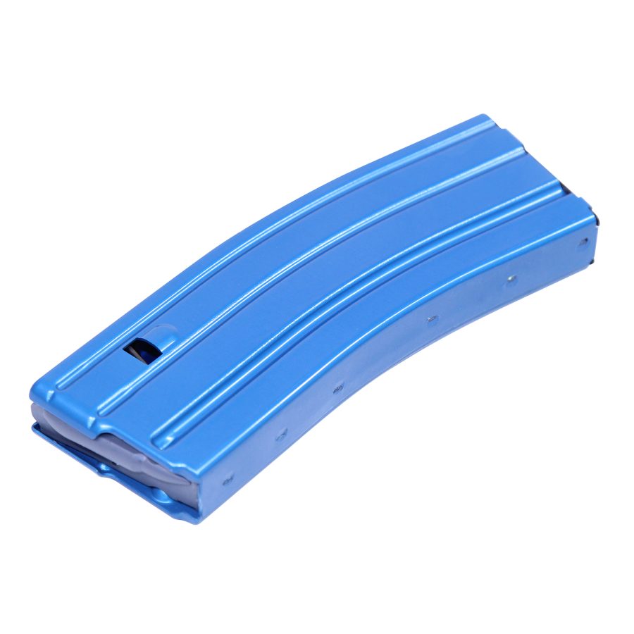 Bright blue curved rifle magazine, possible airsoft or training use, AR-15 style firearm.