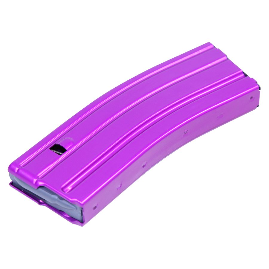 Custom purple AR rifle magazine with textured design and sleek anodized finish.