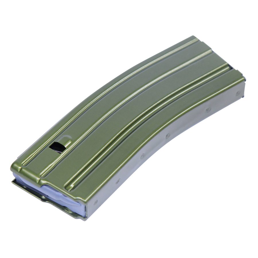 Olive drab AR-15 magazine with curved, ribbed design for tactical rifle use.