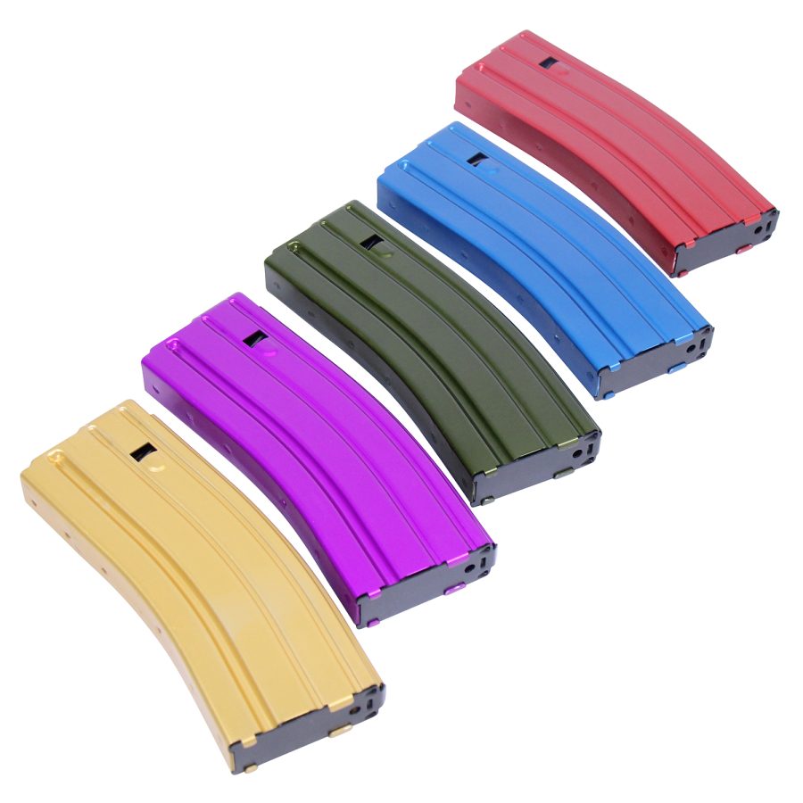Colorful AR-15 magazines in tan, purple, green, blue, and red on a white background.