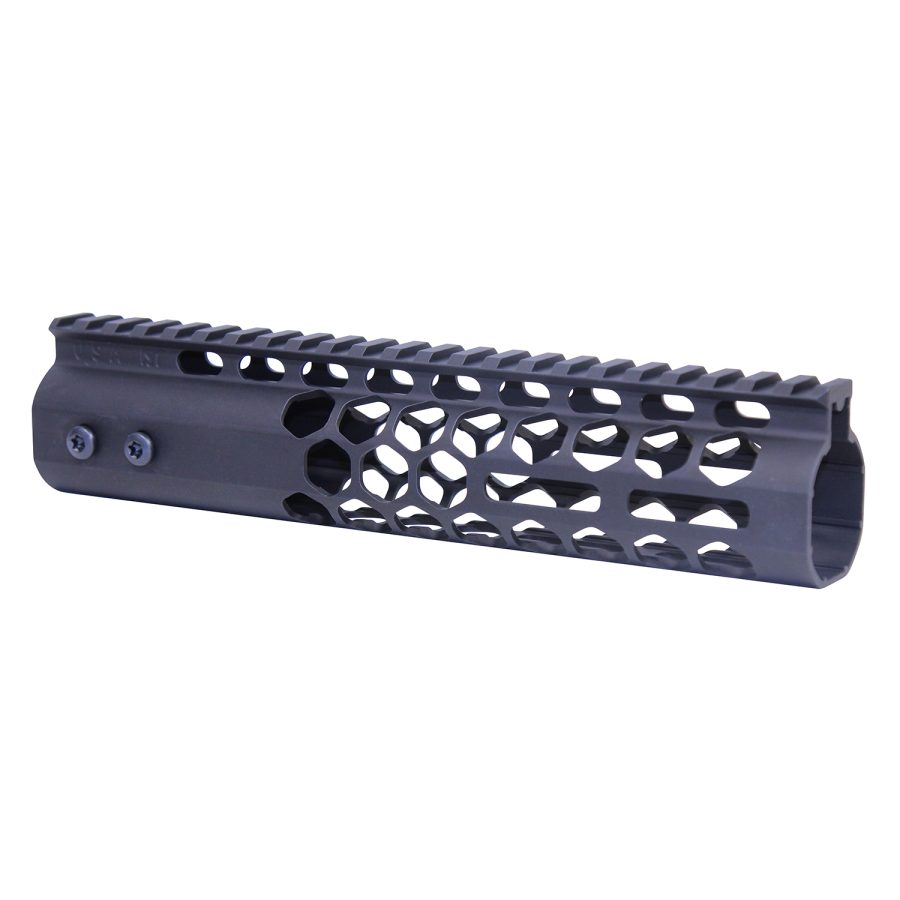 Black aluminum tactical handguard with Picatinny rail, circular cutouts, lightweight, heat-dissipating design.