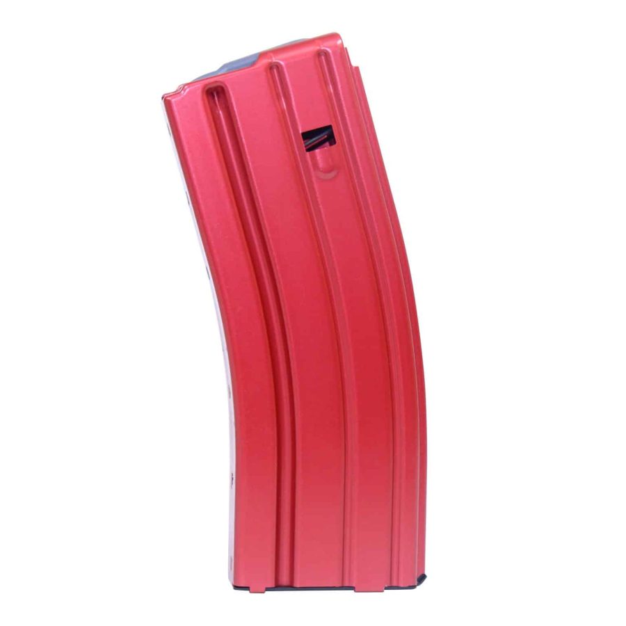 Bright red anodized aluminum AR-15 magazine, 30 rounds, for quick identification and customization.