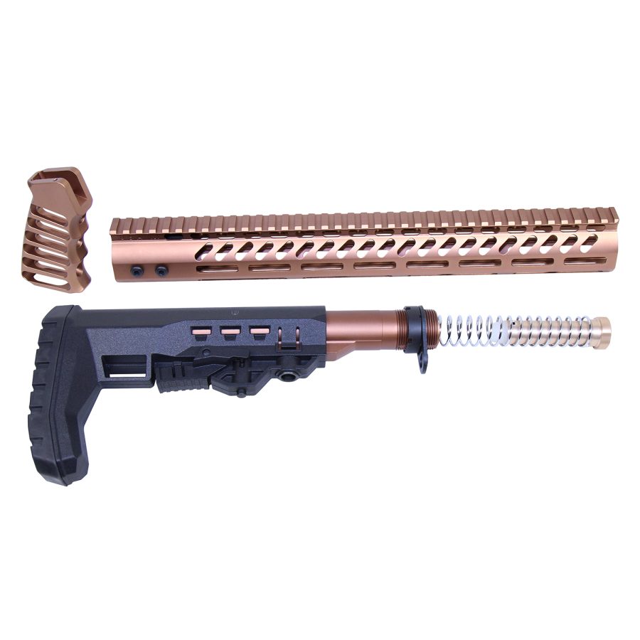 Copper-tone AR-15 parts set: ergonomic foregrip, ventilated handguard, black adjustable stock.