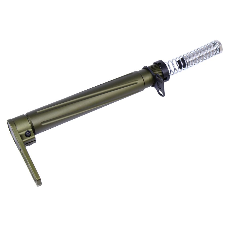 Military-style folding rifle stock in olive green with durable L-shape and adjustable design.
