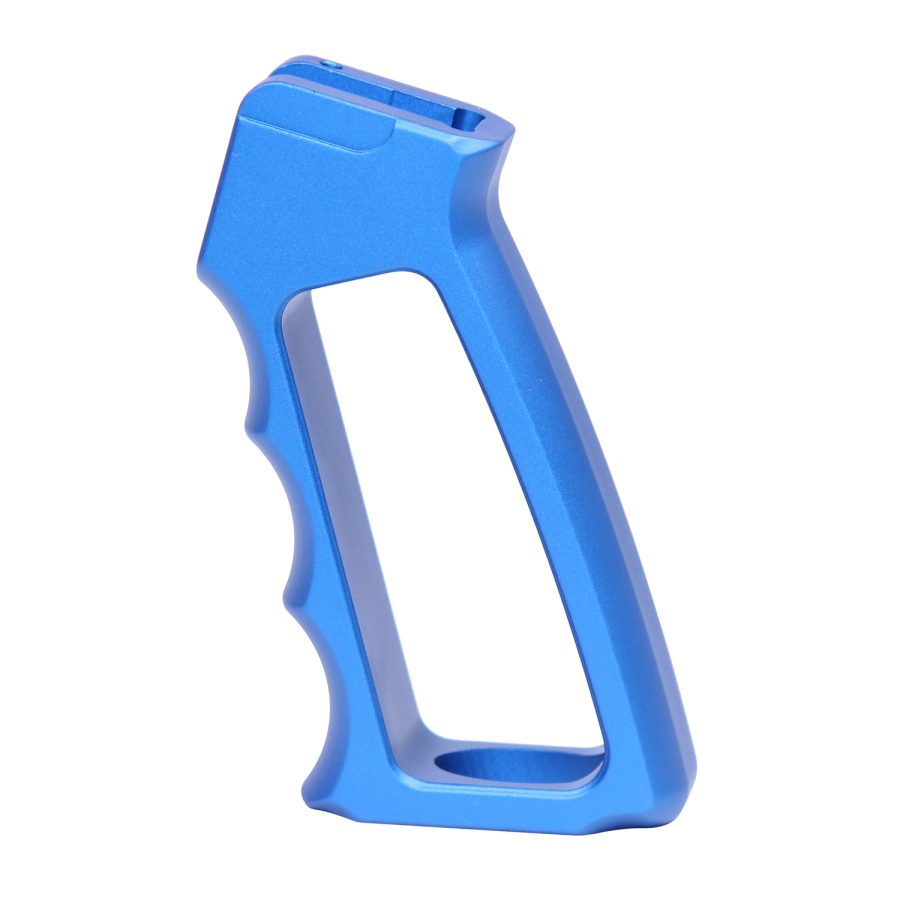 Bright blue ergonomic pistol grip, polymer, contoured grooves, for firearm customization.