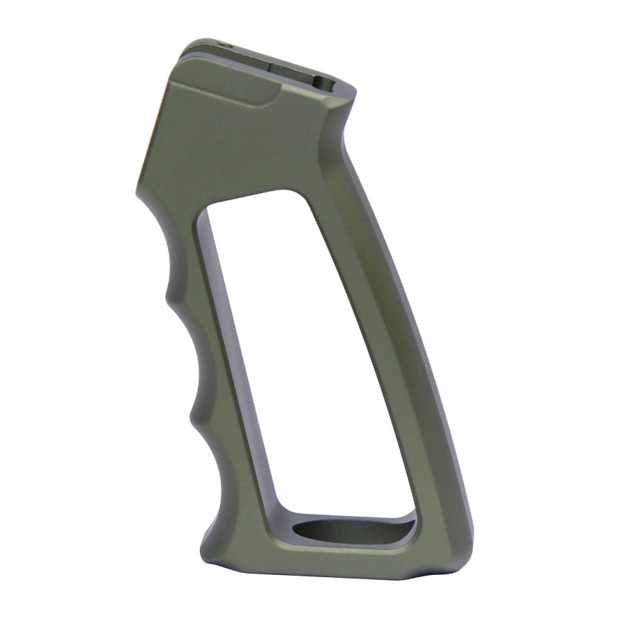 Olive drab ergonomic pistol grip for AR-15 rifles with lightweight, durable design.