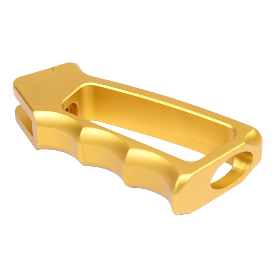 Gold ergonomic metallic foregrip for firearms/tools with finger grooves and sleek anodized finish.