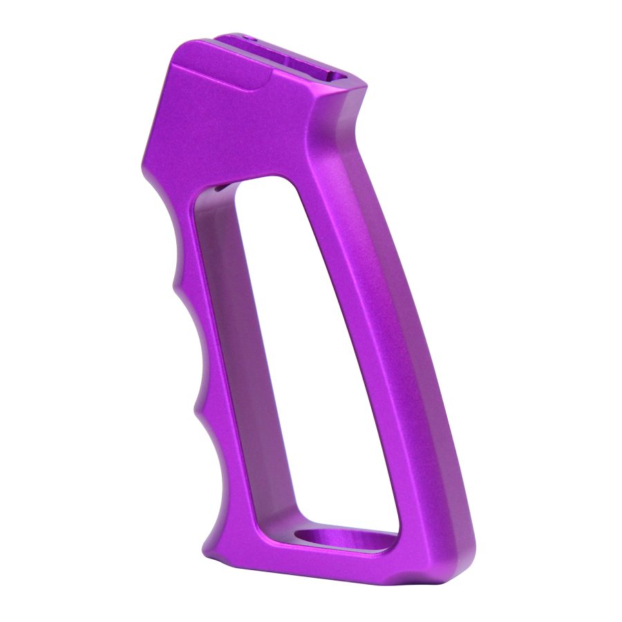 Vibrant purple AR-15 grip with ergonomic design and anodized finish for customization.