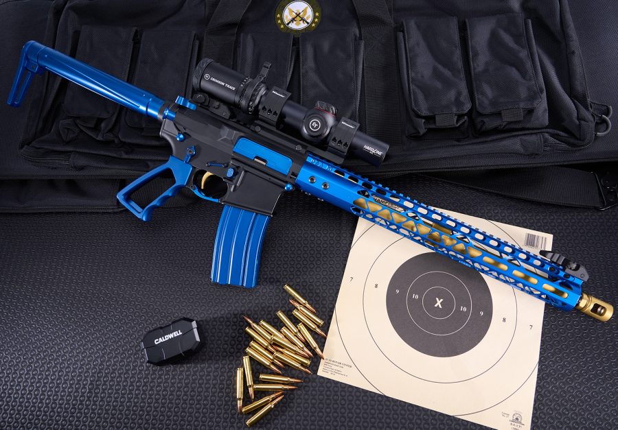 Custom blue AR-style rifle with tactical gear and target setup for precision shooting.