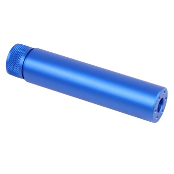 Blue anodized aluminum fake suppressor with knurled cap, threaded end; sleek, precision-engineered device.