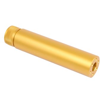Anodized gold fake suppressor with knurled cap and precision-drilled holes, on a white background.